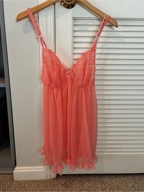 Victoria’s Secret Coral Lace Bow Lingerie Dress Coquette Feminine Fairy Size L